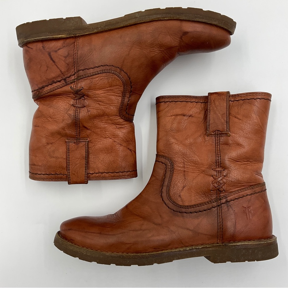 Frye EUC Anna Shortie Short Boots Stitch Side Cognac Warm Brown Gorgeous 5.5 B - Picture 11 of 16